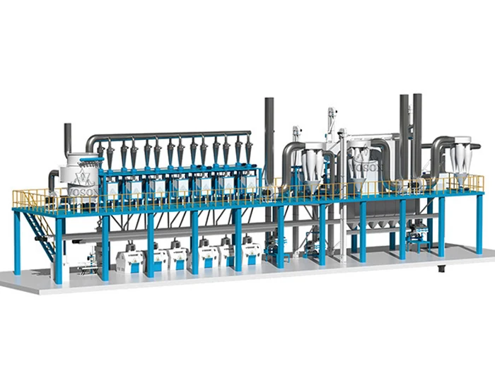 Diseño 3D de un sistema industrial completo de molienda de maíz de 100 TPD