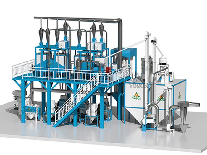 Diseño 3D de un sistema industrial completo de molienda de trigo de 30 TPD