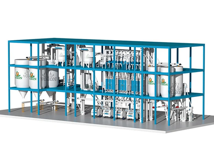 Diseño 3D de un sistema industrial completo de molienda de maíz de 200-250 TPD