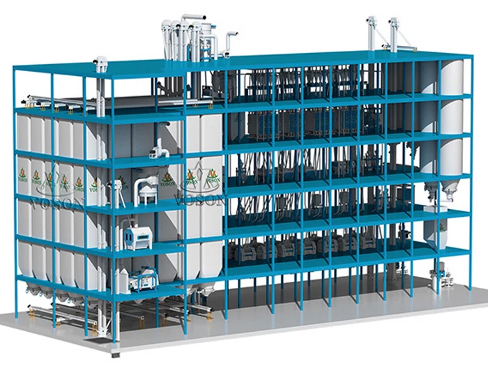 Diseño 3D de un sistema industrial completo de molienda de trigo de 300 TPD