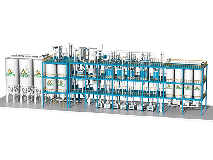 Diseño 3D de un sistema industrial completo de molienda de maíz de 500 TPD