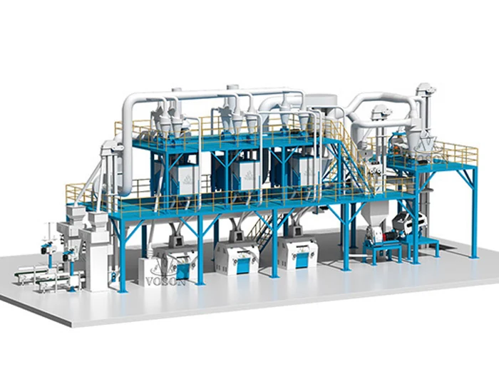 Diseño 3D de un sistema industrial completo de molienda de maíz de 50 TPD
